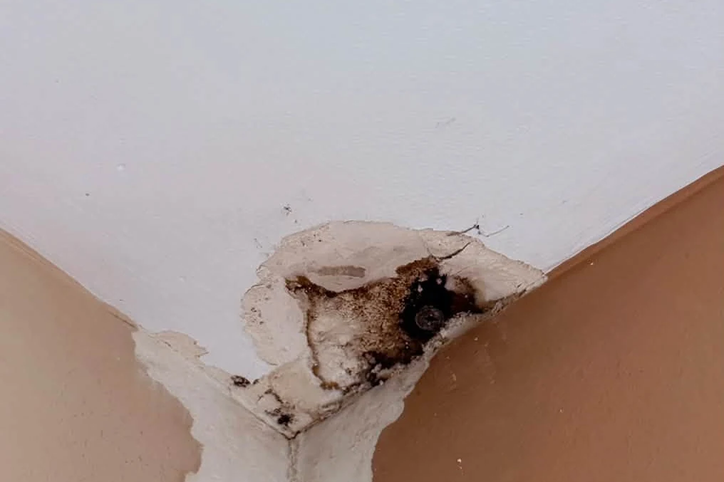 Water-damaged drywall in a wall corner before repair